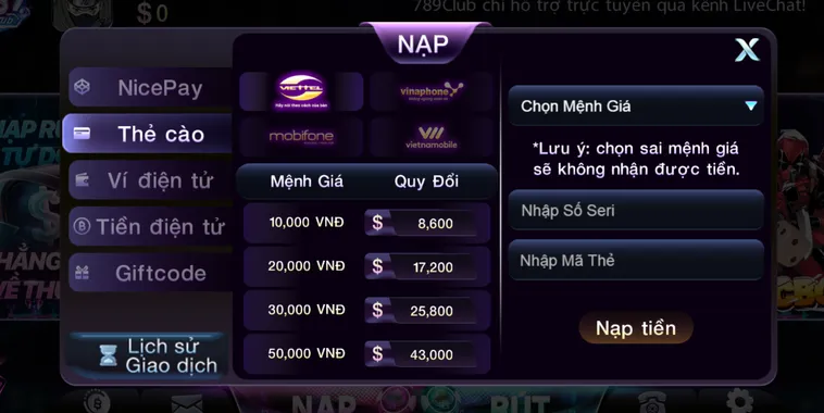 Nạp tiền qua thẻ cào tại 789Club.